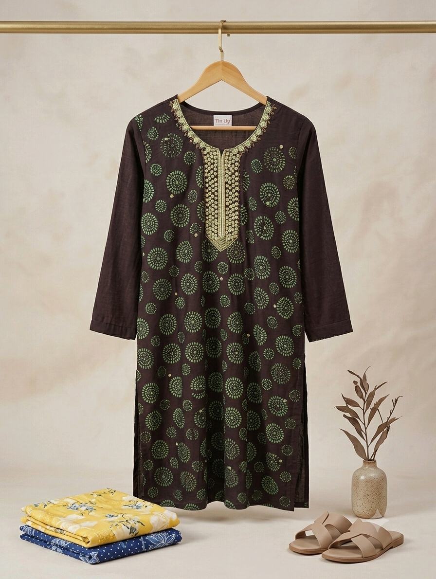 Dark Brown Geometric Print Kurti with Yoke Embroidery