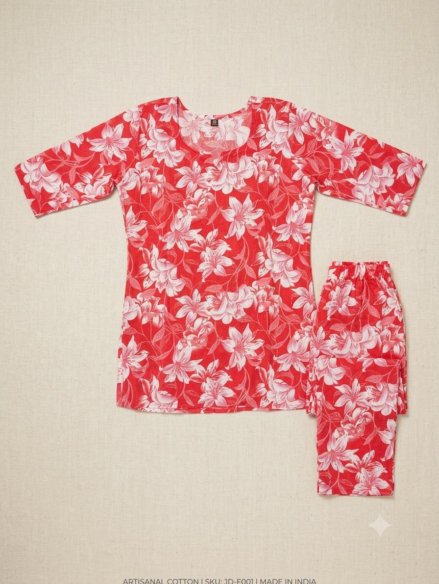Red Floral Print Short Kurti with Pants Set